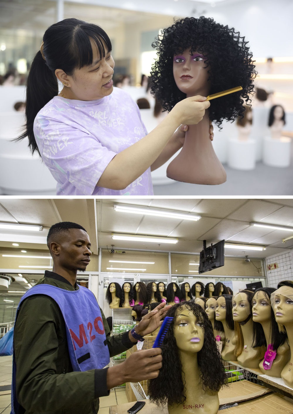 拼版照片：上圖為2023年5月25日，工人在湖南邵陽陽光發(fā)品有限公司展廳展示假發(fā)（新華社記者薛宇舸攝）；下圖為2023年6月9日，一名店員在湖南邵陽陽光發(fā)品有限公司位于南非約翰內(nèi)斯堡的店鋪內(nèi)展示假發(fā)（新華社記者張譽東攝）。新華社發(fā)