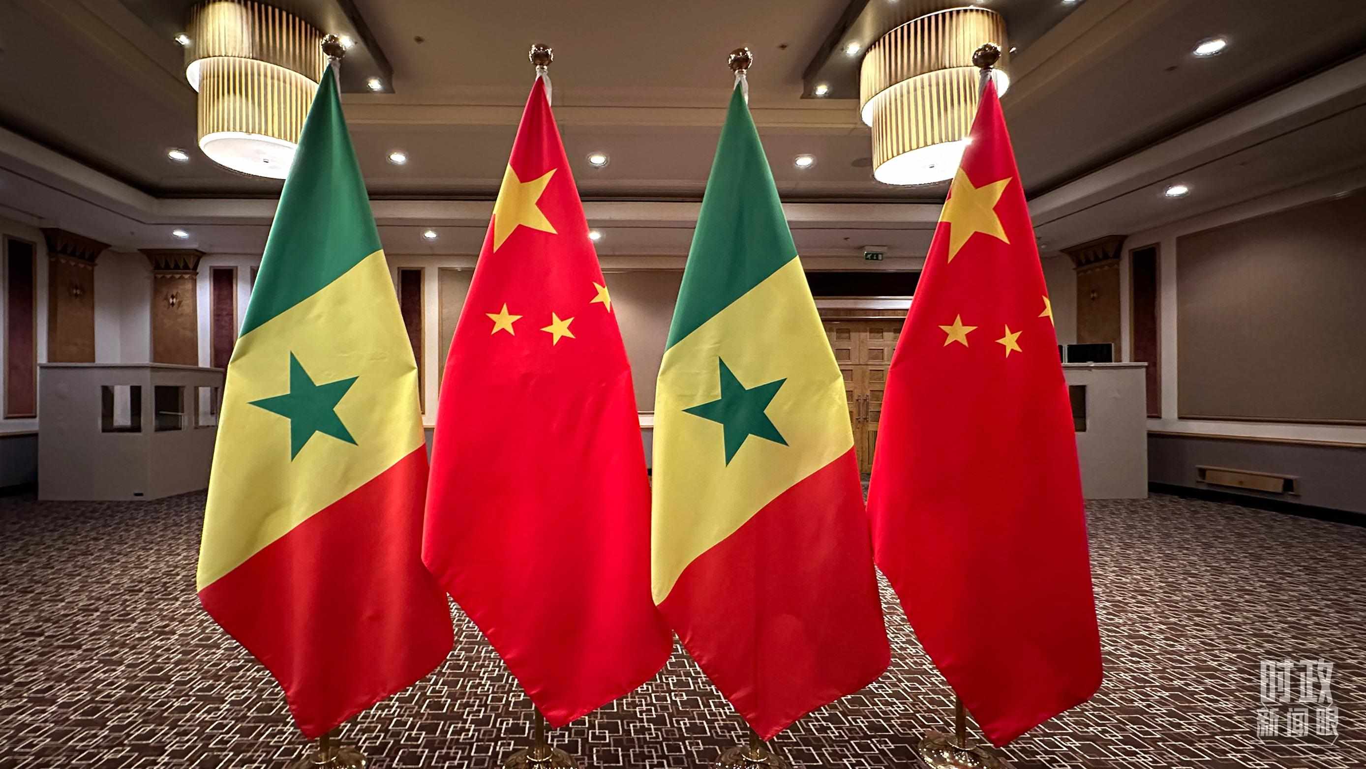 △會見現(xiàn)場的中塞兩國國旗。（總臺央視記者盧心雨拍攝）