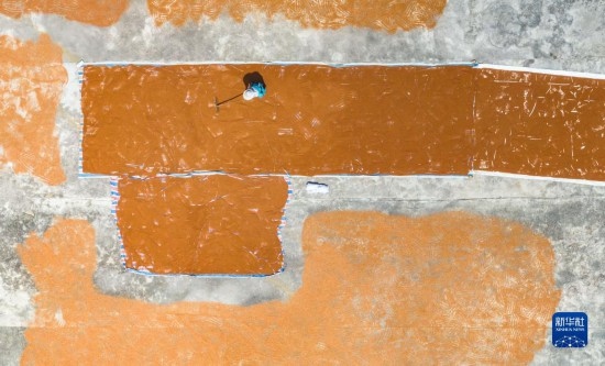 9月16日，農(nóng)民在貴州省安順市西秀區(qū)大西橋鎮(zhèn)吉昌村晾曬高粱（無人機照片）。