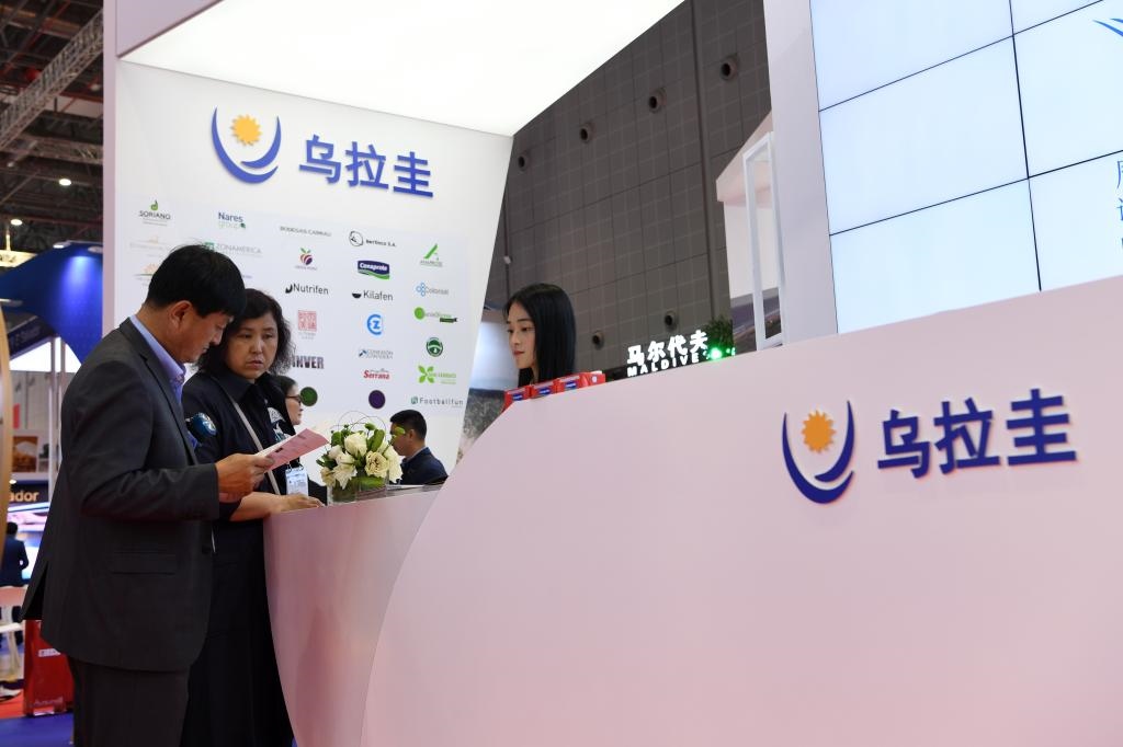 2019年11月6日，參觀者在第二屆進(jìn)博會(huì)烏拉圭國(guó)家館展臺(tái)咨詢。