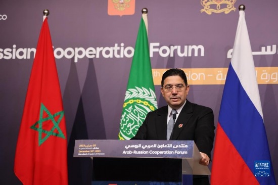 12月20日，在摩洛哥南部城市馬拉喀什舉行的第六屆阿拉伯-俄羅斯合作論壇主議程結束后，摩洛哥外交大臣布里達在記者會上講話。新華社記者霍晶攝