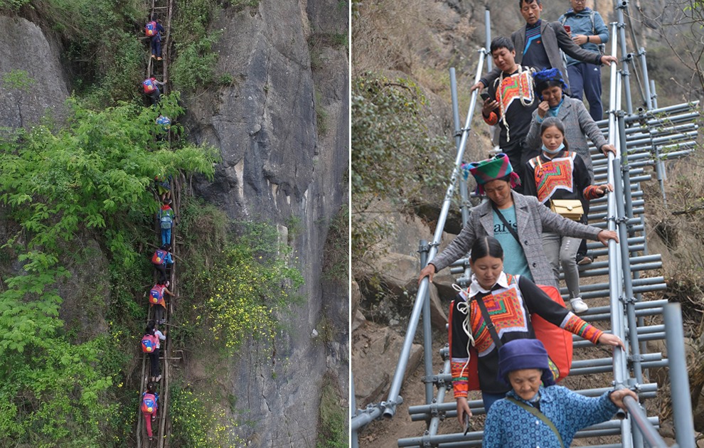 “懸崖村”今昔對比：左圖為2016年5月14日，“懸崖村”的孩子們攀爬木梯回家。右圖為2020年5月13日，“懸崖村”村民帶著行李通過鋼梯下山，搬遷至易地扶貧集中安置點(diǎn)的新家。