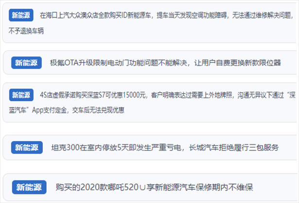 “人民投訴”用戶吐槽新能源汽車功能障礙多發(fā)、升級后配套服務(wù)跟不上、虛假優(yōu)惠、保修期內(nèi)不維保的問題。（“人民投訴”平臺截圖）