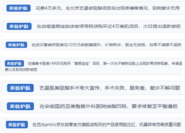 “人民投訴”用戶舉報醫(yī)美未達預(yù)期效果或?qū)е律眢w損傷退款遭拒、機構(gòu)及服務(wù)人員虛假資質(zhì)、被誘導(dǎo)高額醫(yī)美貸、網(wǎng)購美容儀器質(zhì)量不過關(guān)等問題。（“人民投訴”平臺截圖）