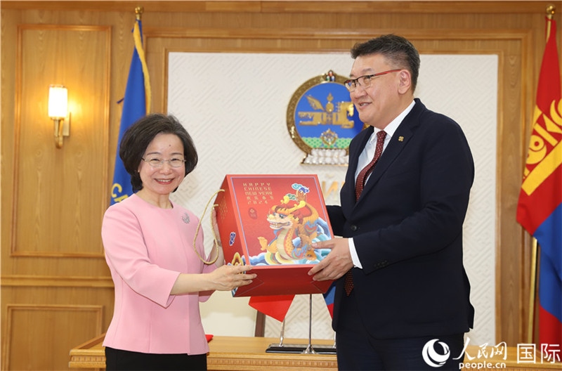 沈大使向扎布赫楞部長(zhǎng)贈(zèng)送吉祥龍。人民網(wǎng)記者 霍文攝