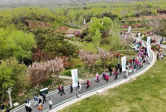 4月27日，登山愛好者在浮山森林公園參加登山健身活動（無人機照片）。新華社記者 李紫恒攝