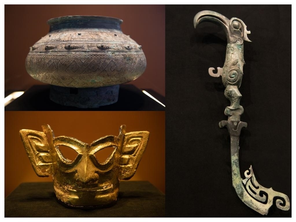 拼版照片：左上圖為青銅瓿，左下圖為黃金面具，右圖為青銅樹枝。新華社記者唐文豪 攝