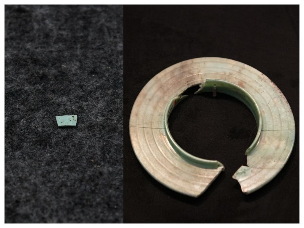 拼版照片：左圖為2024年7月10日拍攝的三星堆遺址出土的綠松石片（新華社記者王曦 攝），右圖為2024年7月21日在三星堆博物館文物保護(hù)與修復(fù)館拍攝的有領(lǐng)玉璧（新華社記者唐文豪 攝）。