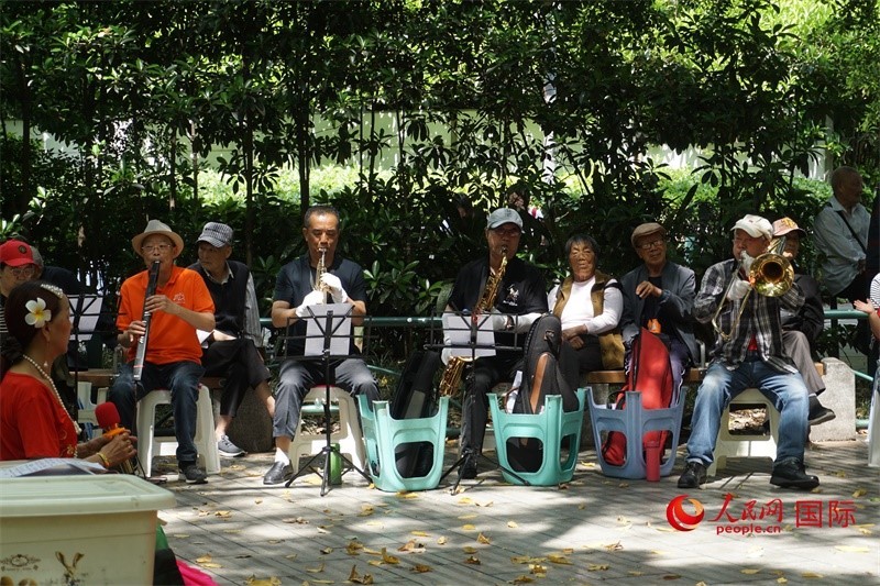 成都居民在公園里演奏歌曲。人民網 王禹蘅攝