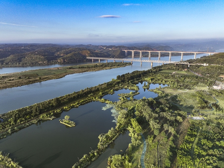 這是2023年8月28日在河南黃河濕地國家級自然保護區(qū)濟源段拍攝的景色（無人機照片）。新華社發(fā) 苗秋鬧 攝