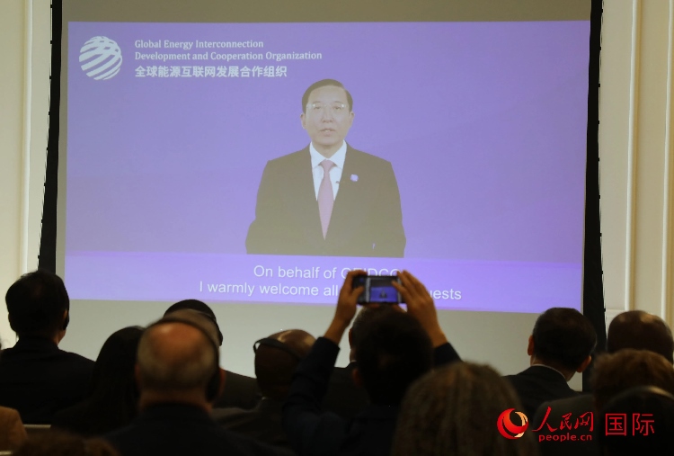 全球能源互聯(lián)網(wǎng)發(fā)展合作組織主席、中國電力企業(yè)聯(lián)合會理事長辛保安通過視頻方式致辭。人民網(wǎng)記者 李志偉攝
