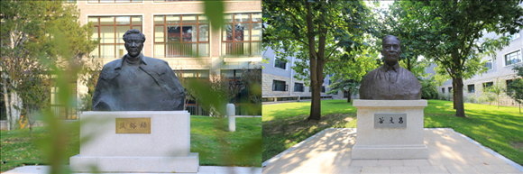 拼版照片：左圖為中央黨校（國(guó)家行政學(xué)院）校園內(nèi)的焦裕祿雕塑；右圖為中央黨校（國(guó)家行政學(xué)院）校園內(nèi)的谷文昌雕塑。