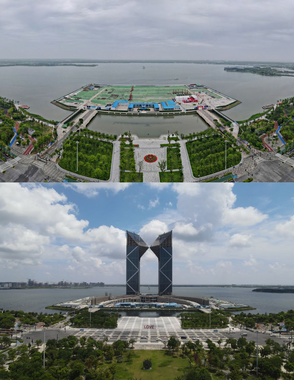 拼版照片：空中俯瞰中國（上海）自由貿(mào)易試驗區(qū)臨港新片區(qū)滴水湖西島中銀金融中心項目現(xiàn)場（上圖為2021年6月20日攝，無人機照片；下圖為2024年8月14日攝，無人機照片）。2019年8月20日，臨港新片區(qū)揭牌成立，一個開放新高地在長江與東海交匯處日益崛起。