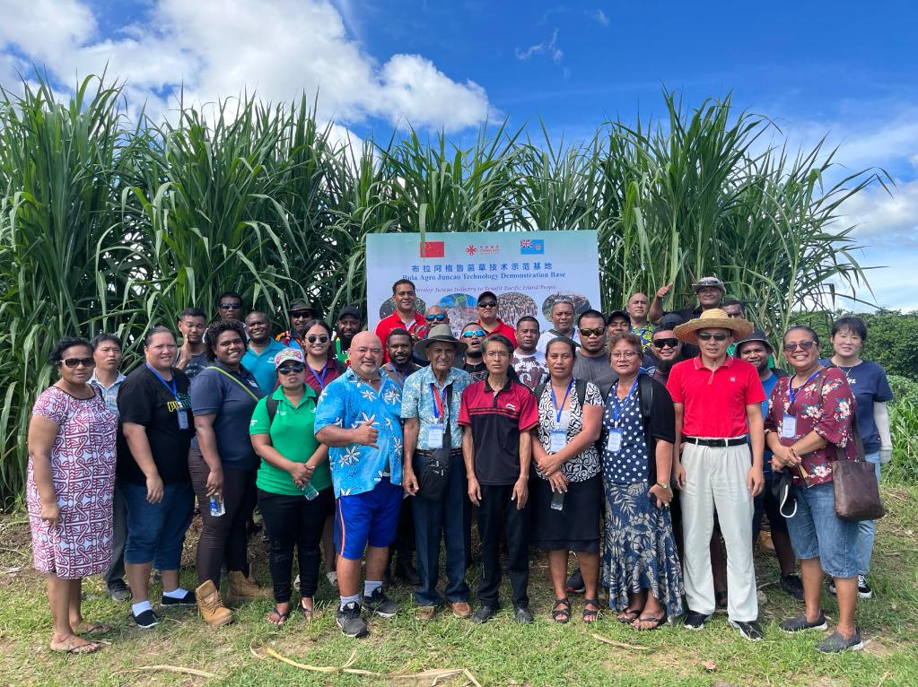 2024年2月28日，來(lái)自巴布亞新幾內(nèi)亞、湯加、庫(kù)克群島、薩摩亞、瑙魯?shù)葒?guó)家的“太平洋島國(guó)菌草技術(shù)培訓(xùn)班”學(xué)員在斐濟(jì)布拉阿格魯菌草技術(shù)示范基地合影。新華社發(fā)（中國(guó)援斐濟(jì)菌草技術(shù)示范中心供圖）