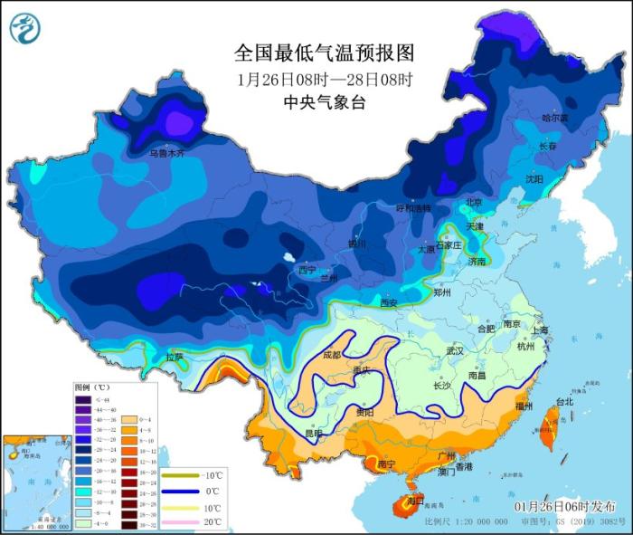 全國最低氣溫預(yù)報圖(1月26日08時-28日08時) 圖片來源：中央氣象臺網(wǎng)站