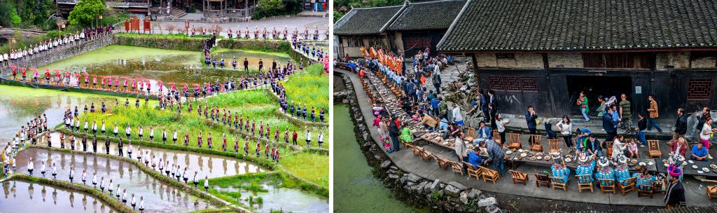 左圖：近期，人們?cè)诶杵娇h肇興侗寨的田園里演唱侗族大歌（黎平縣委宣傳部供圖）；右圖：這是2023年拍攝的十八洞村長(zhǎng)桌宴（湘西州委宣傳部供圖）。