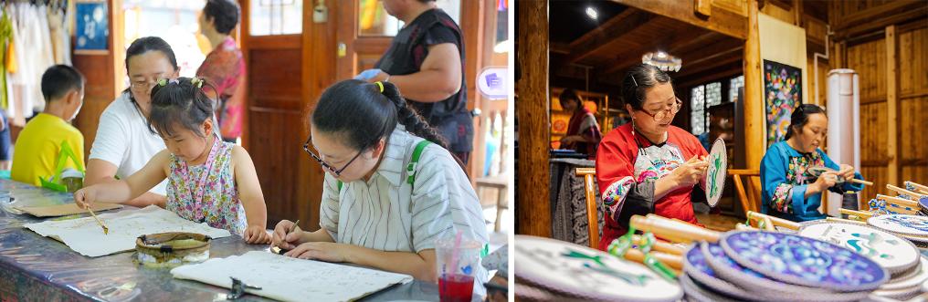 左圖：近期，游客在黎平縣肇興侗寨體驗(yàn)非遺蠟染藝術(shù)（黎平縣委宣傳部供圖）；右圖：這是2024年拍攝的繡娘在十八洞村梨子寨苗繡鄉(xiāng)村振興示范基地制作苗繡產(chǎn)品（湘西州委宣傳部供圖）。