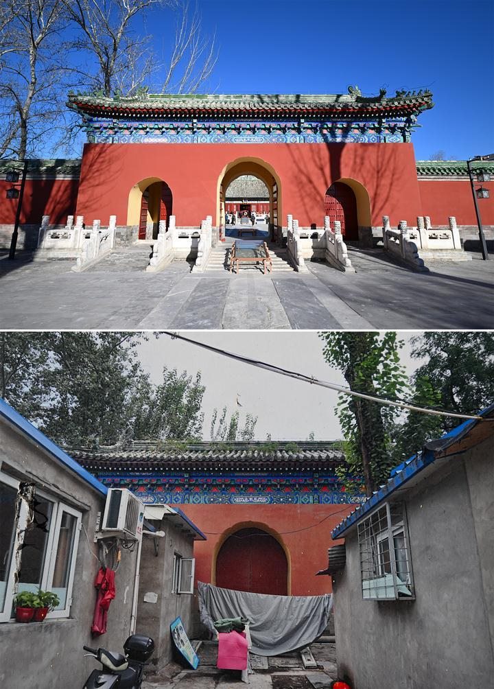 位于先農(nóng)壇內(nèi)的慶成宮，曾長時(shí)間被雜亂的民居占據(jù)。在北京中軸線申遺保護(hù)工作的帶動(dòng)下，北京完成了慶成宮區(qū)域文物征收騰退、非文物建筑拆除、彩畫保護(hù)、本體修繕、展覽布陳等，讓560多年歷史的古建群重新回歸。2024年12月，北京中軸線上先農(nóng)壇內(nèi)的慶成宮首次面向社會(huì)公眾開放。上圖為騰退修繕后的慶成宮內(nèi)宮門（資料照片）；下圖為翻拍的慶成宮內(nèi)宮門騰退修繕前的資料照片（2024年12月21日攝）。